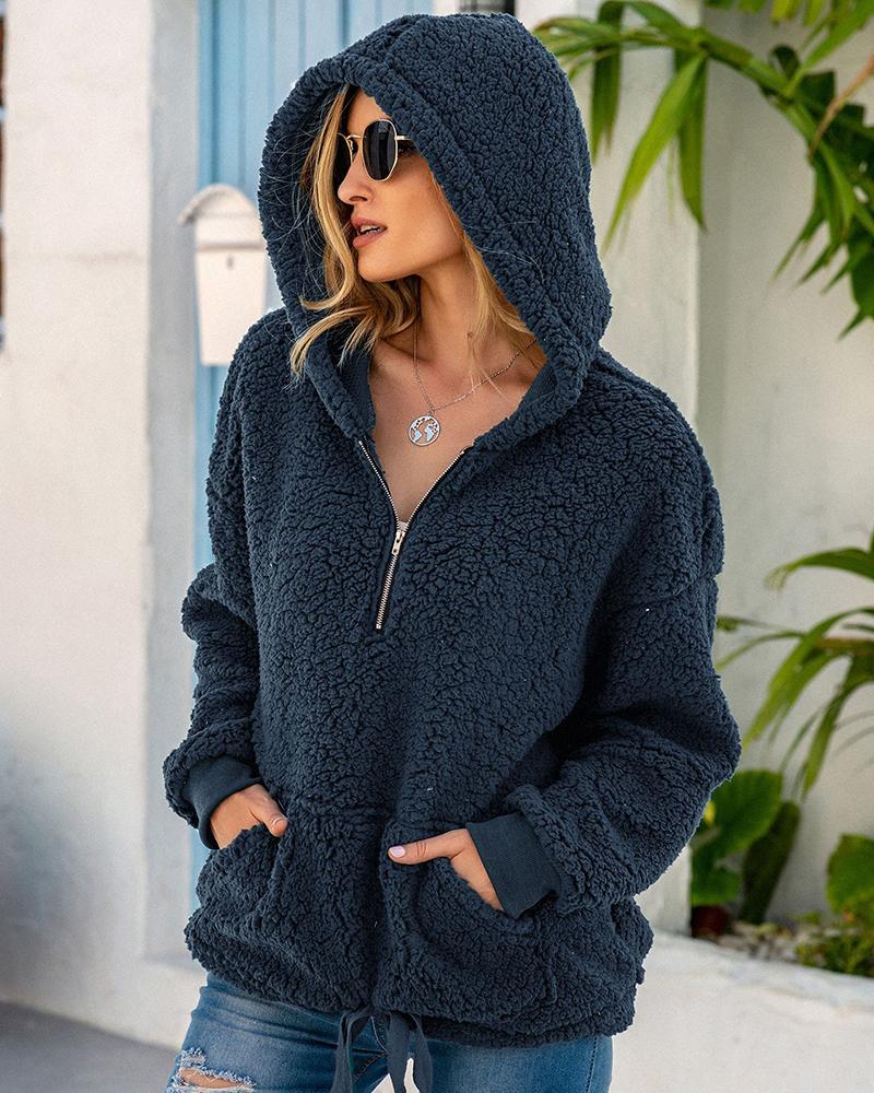 

Zip Pocket Design Hooded Teddy Top, Dark blue