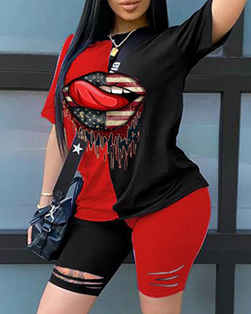 

Mouth Print Colorblock Top & Cutout Shorts Set, Black