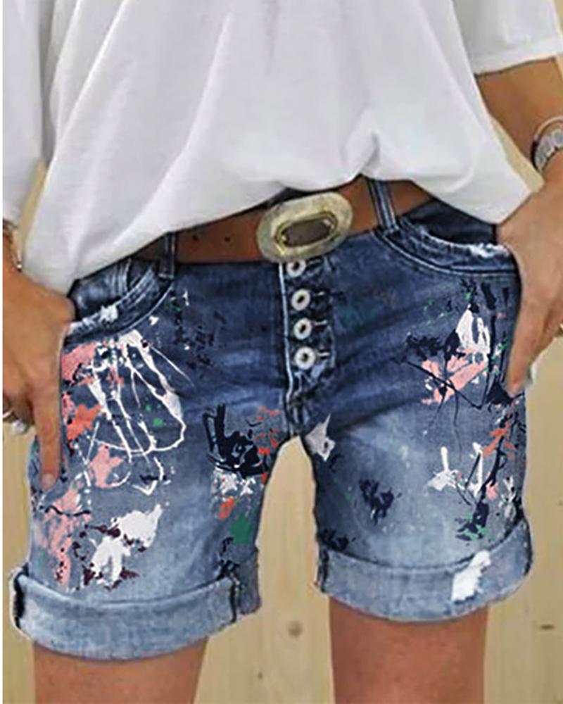 

Print Buttoned Pockets Denim Shorts, Blue
