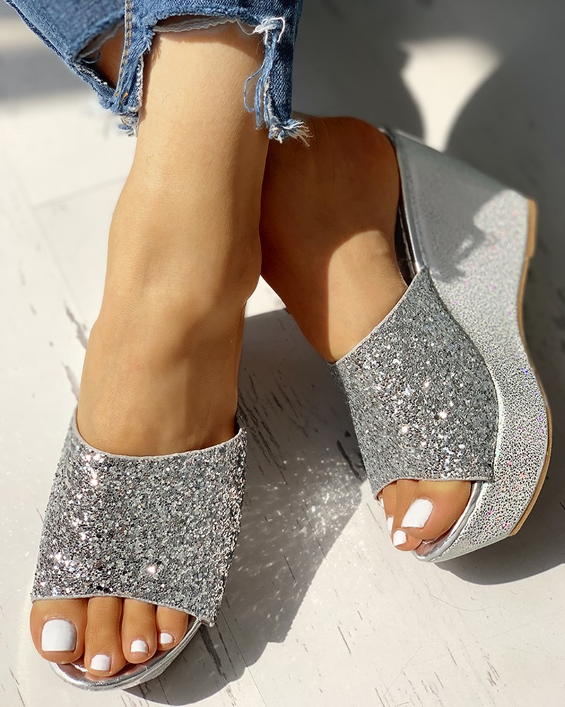 Open Toe Sequins Platform Sandals