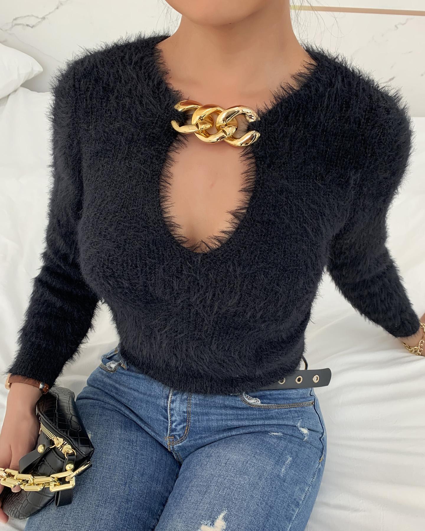 

Fluffy Chain Decor Long Sleeve Women Top, Black