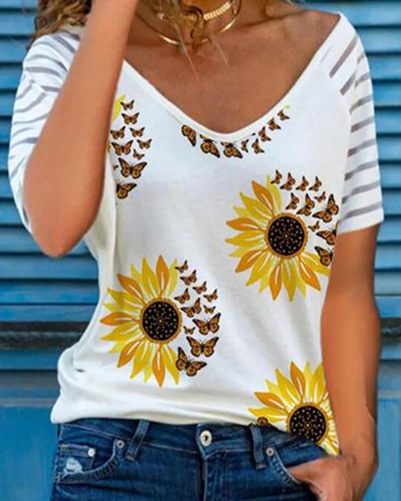

Butterfly Sunflower Print Sheer Mesh T-shirt, White