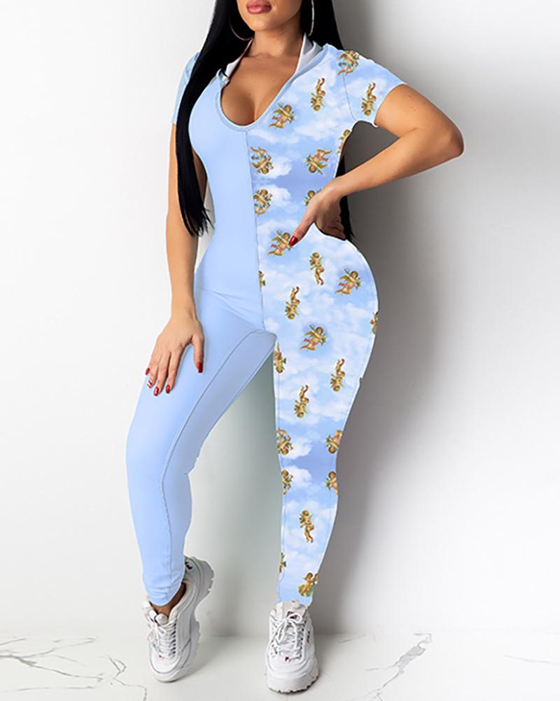 

Colorblock Print Backless Short Sleeve Jumpsuit, Blue