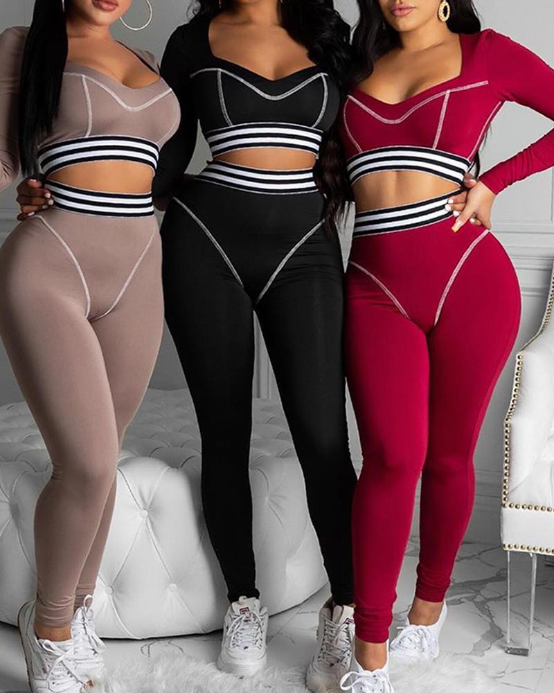 

Striped Sporty Long Sleeve Top & Pants set, Brown