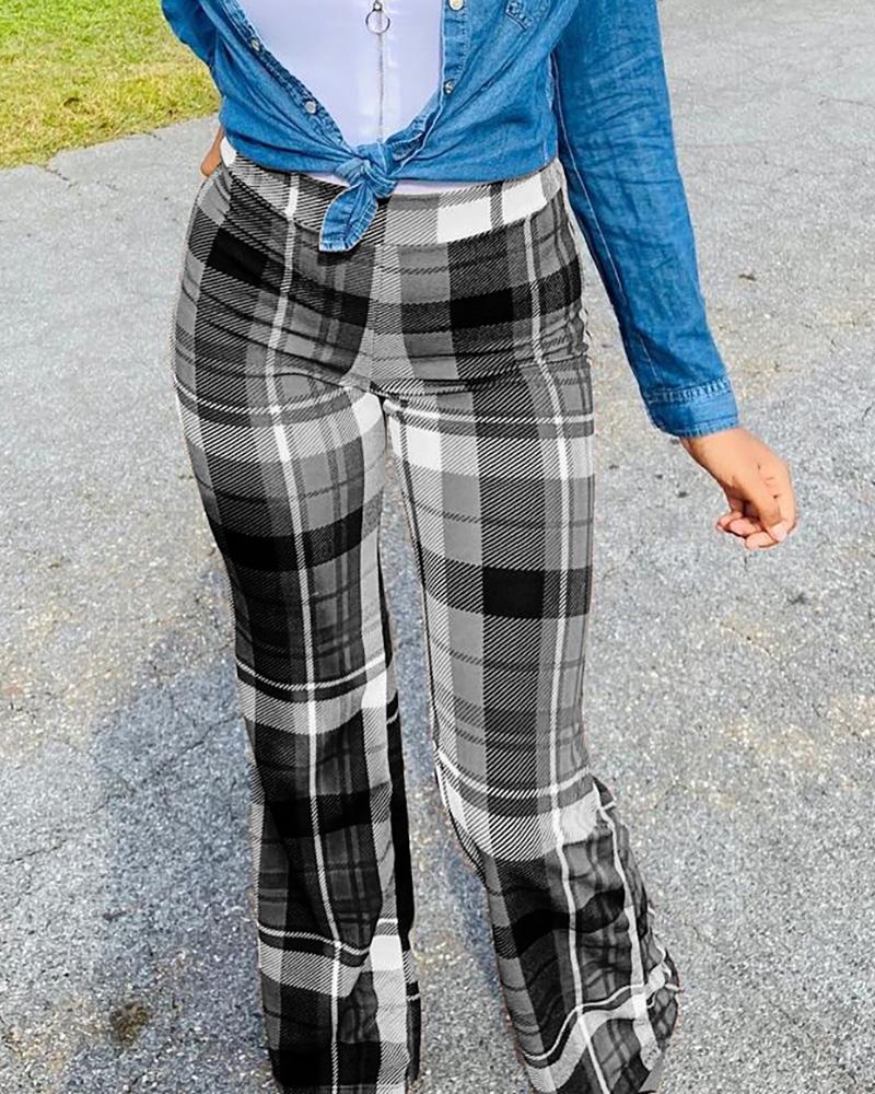 

High Waist Plaid Flared Leg Pants, Black