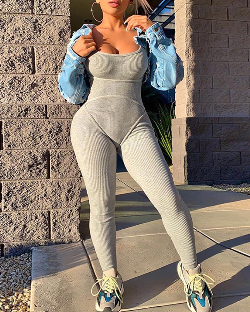 

Solid Thick Strap U-Neck Jumpsuit, Gray