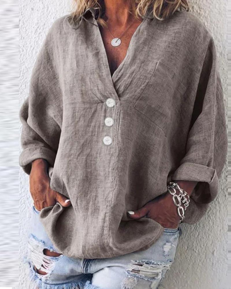 

Button-Up Cotton & Linen Blouse, Gray