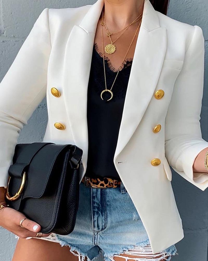 

Solid Double Breasted Long Sleeve Blazer Coat, White