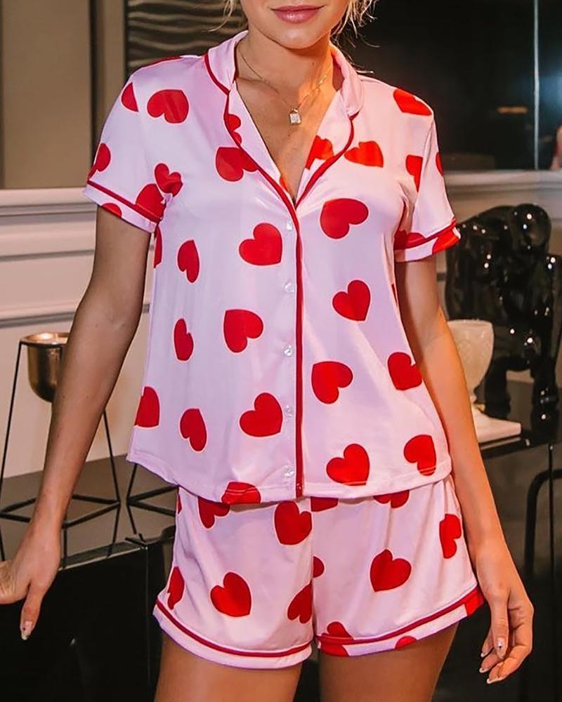 

Heart Print Short Sleeve Shorts Set, Pink