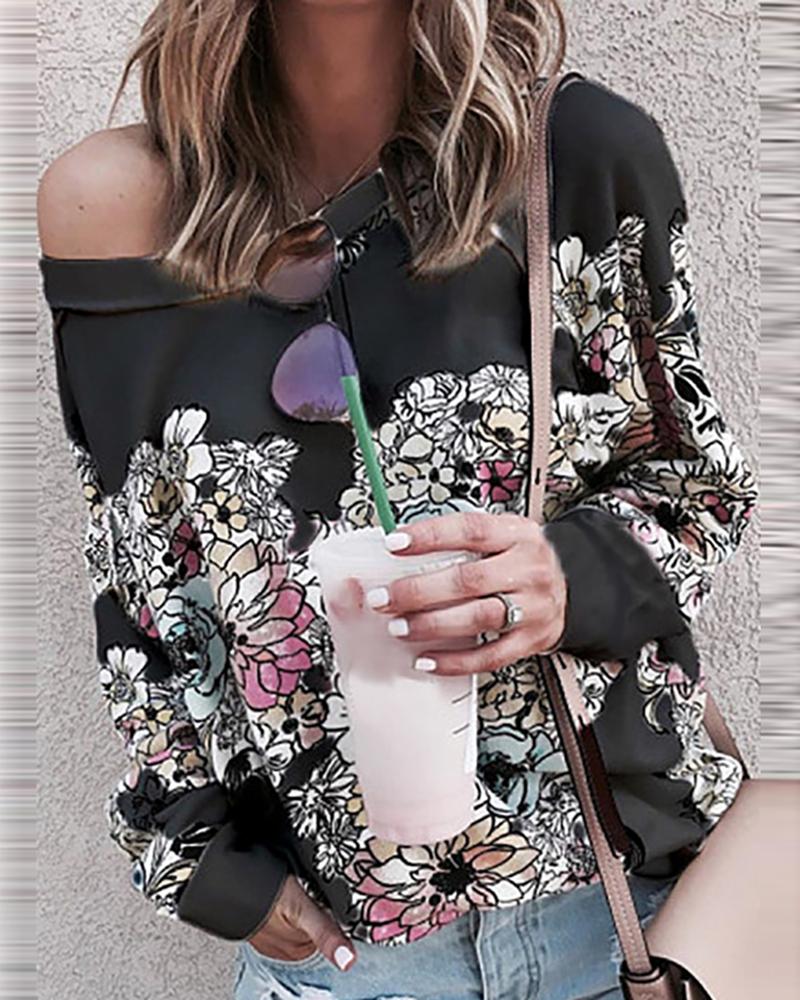 

Floral Print Long Sleeve Casual Top, Black