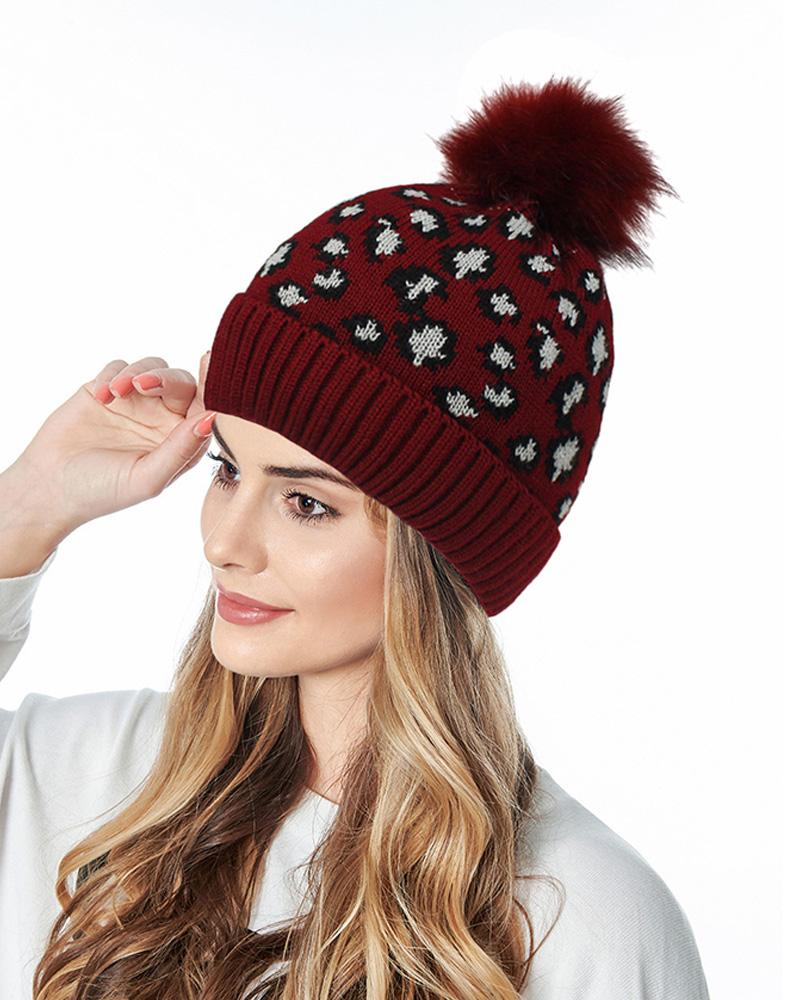 

Cheetah Print Pom Pom Decor Beanie, Wine red