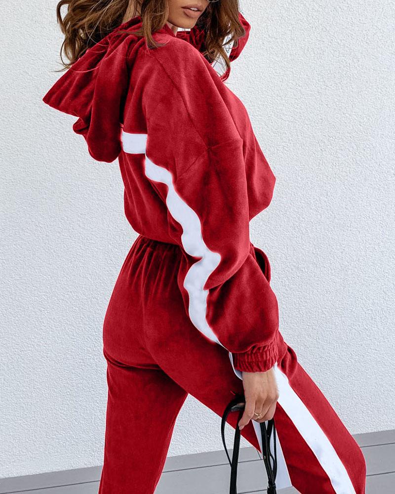 

Striped Tape Colorblock Hooded Top & Pocket Design Pants Set, Wine red