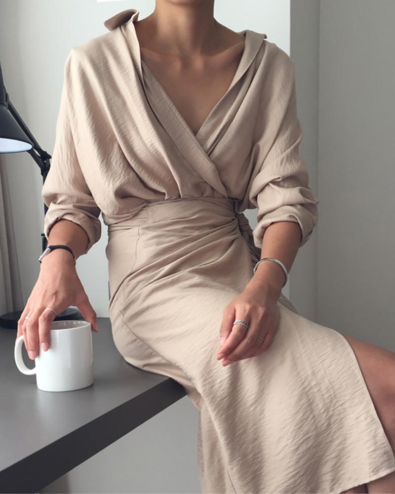 

Tied Detail Long Sleeve Plain Casual Dress, Beige