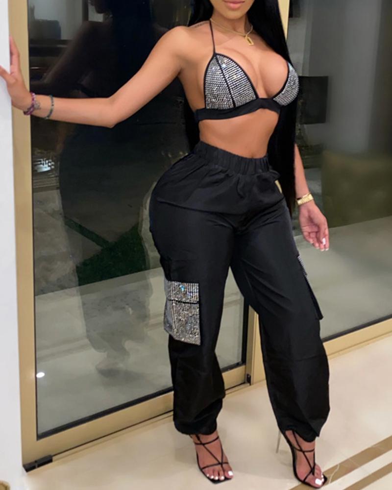 

Studded Colorblock Halter Top & Pants Set, Black