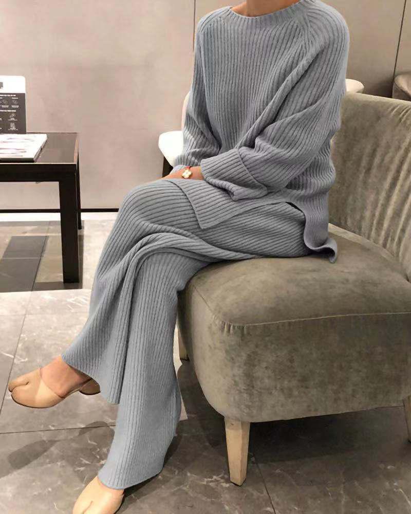 

Plain Ribbed Long Sleeve Top & Pants Set, Gray