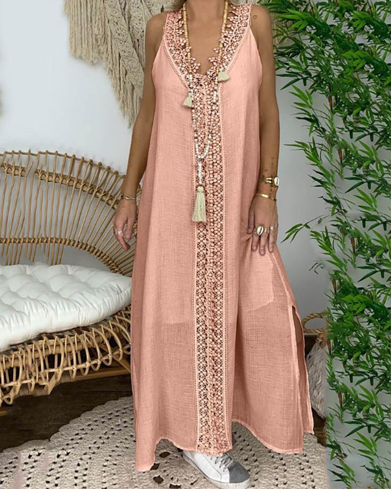 

Crochet Lace Trim Slit Casual Dress, Pink