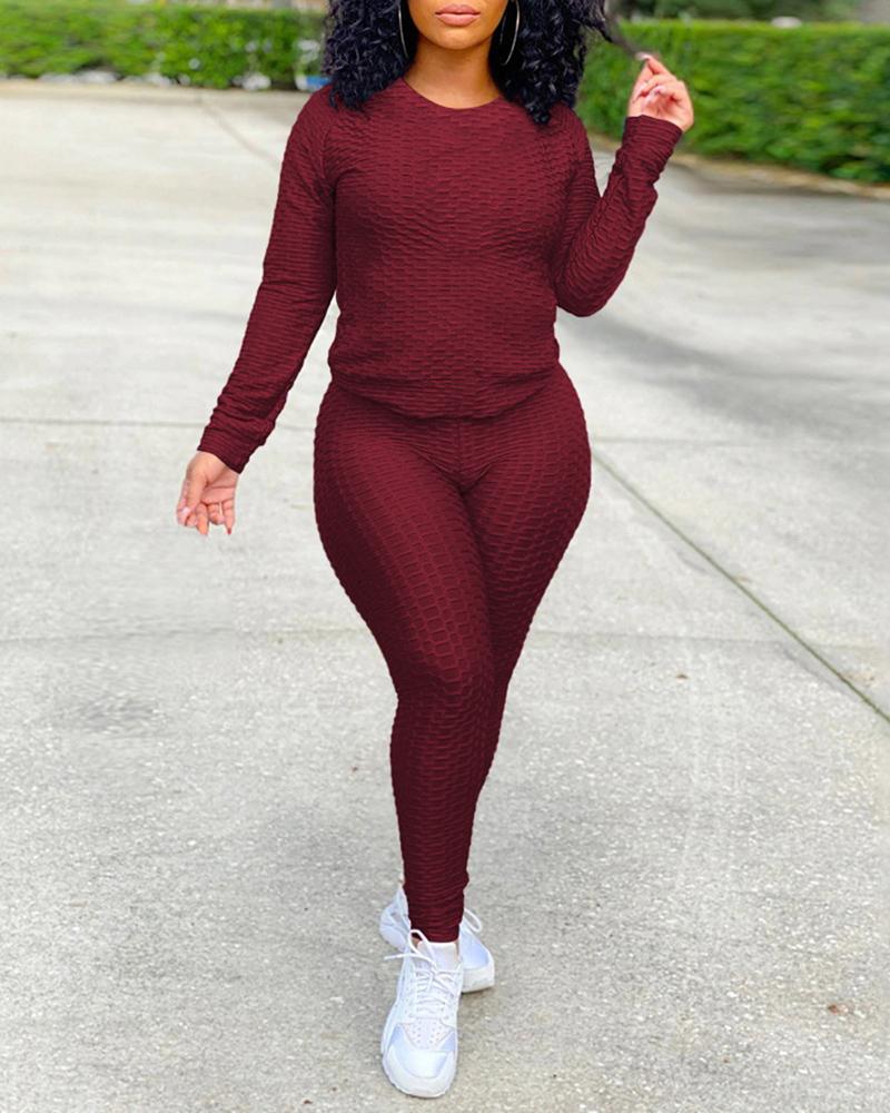 

Textured Long Sleeve Women Top & High Waist Pants Set, Wine red