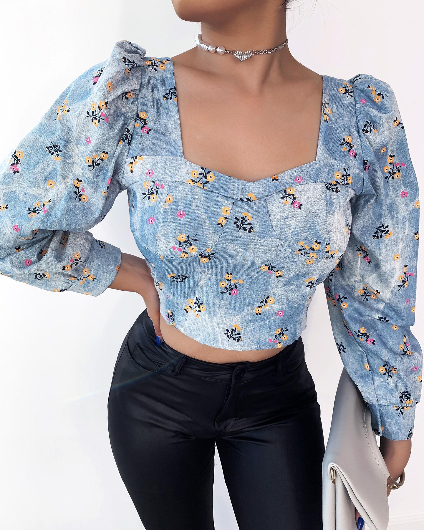

Floral Print Puffed Sleeve Blouse, Light blue
