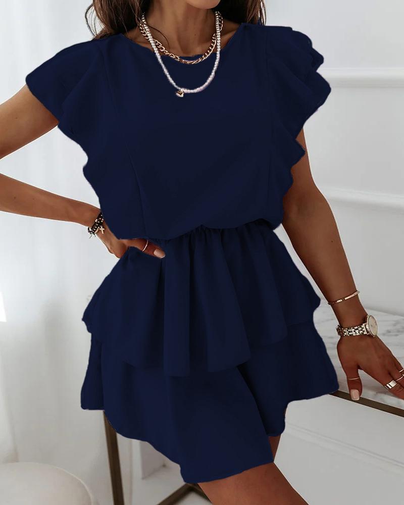 

Layered Ruffles Short Sleeve Casual Dress, Dark blue