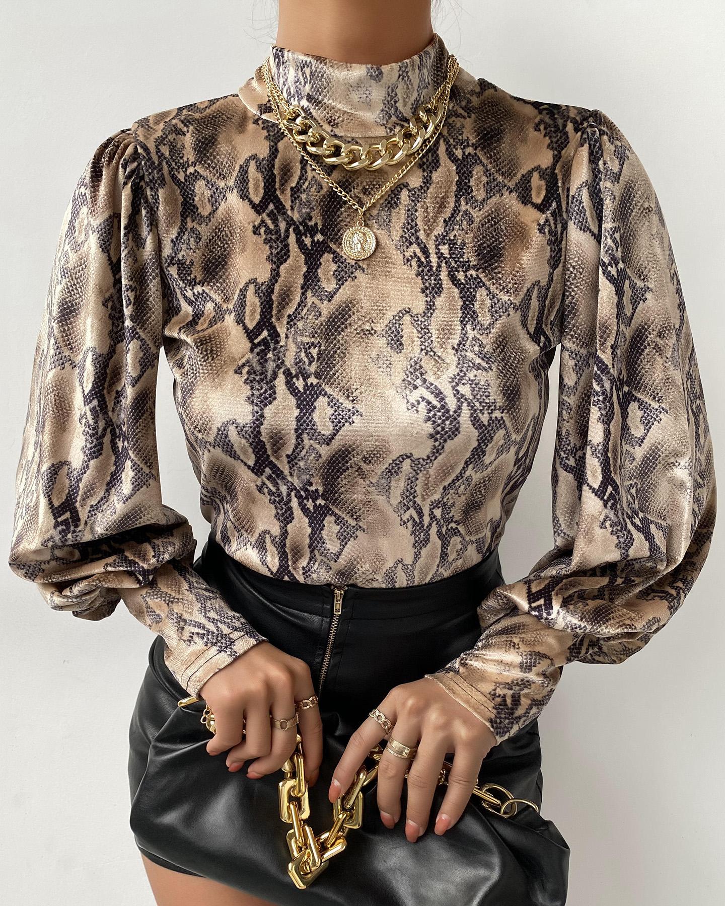

Snakeskin Print Puff Sleeve Top, Coffee