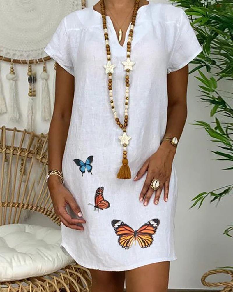 

Butterfly Print Short Sleeve Casual Dress, White