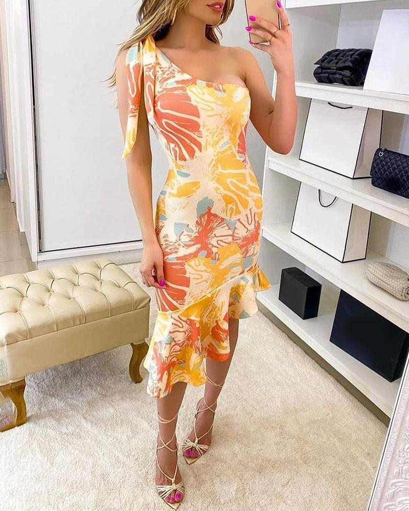

Leaf Pattern Print Colorblock One Shoulder Ruffles Dress, Orange