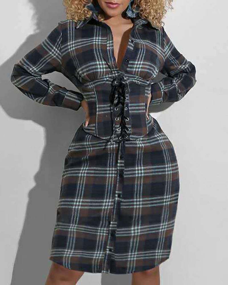

Eyelet Lace-up Plaid Print Shirt Dress, Black