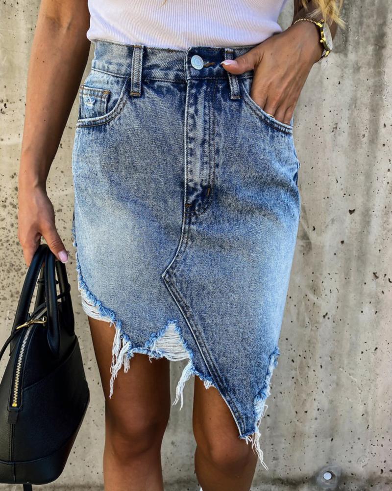 

Asymmetric Distressed Denim Skirt, Blue