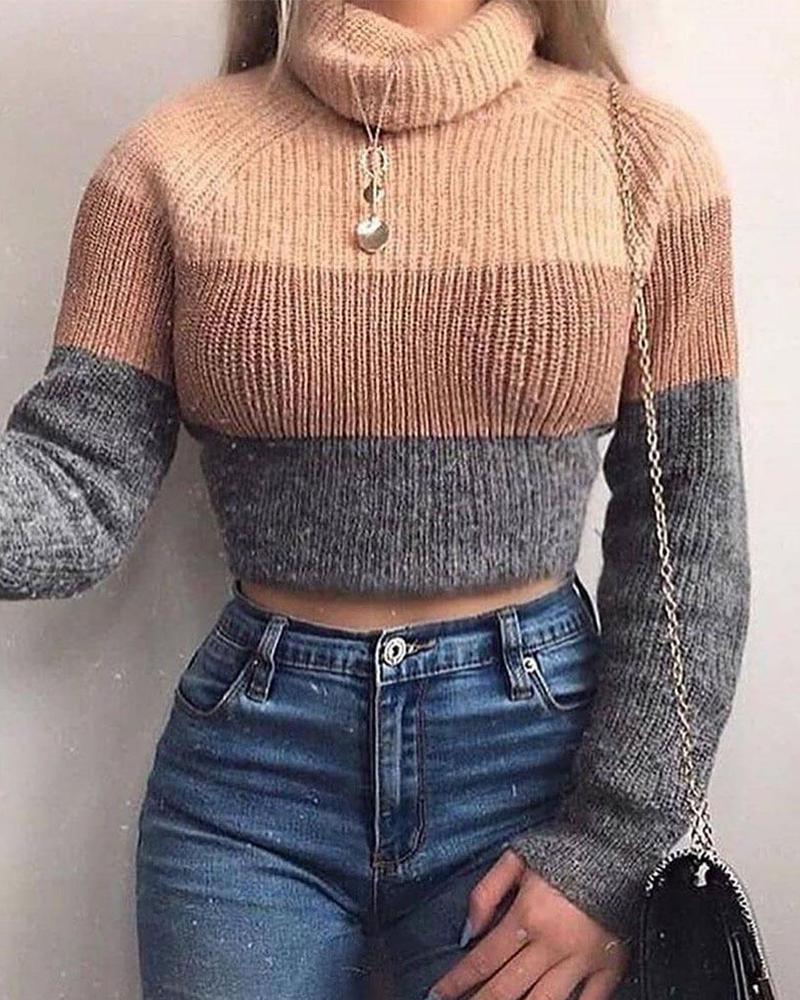 

Colorblock Long Sleeve Casual Sweater, Khaki
