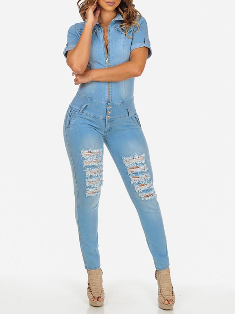 Denim Distressed Zipper Up Cutout Slinky Jumpsuit Online. Discover