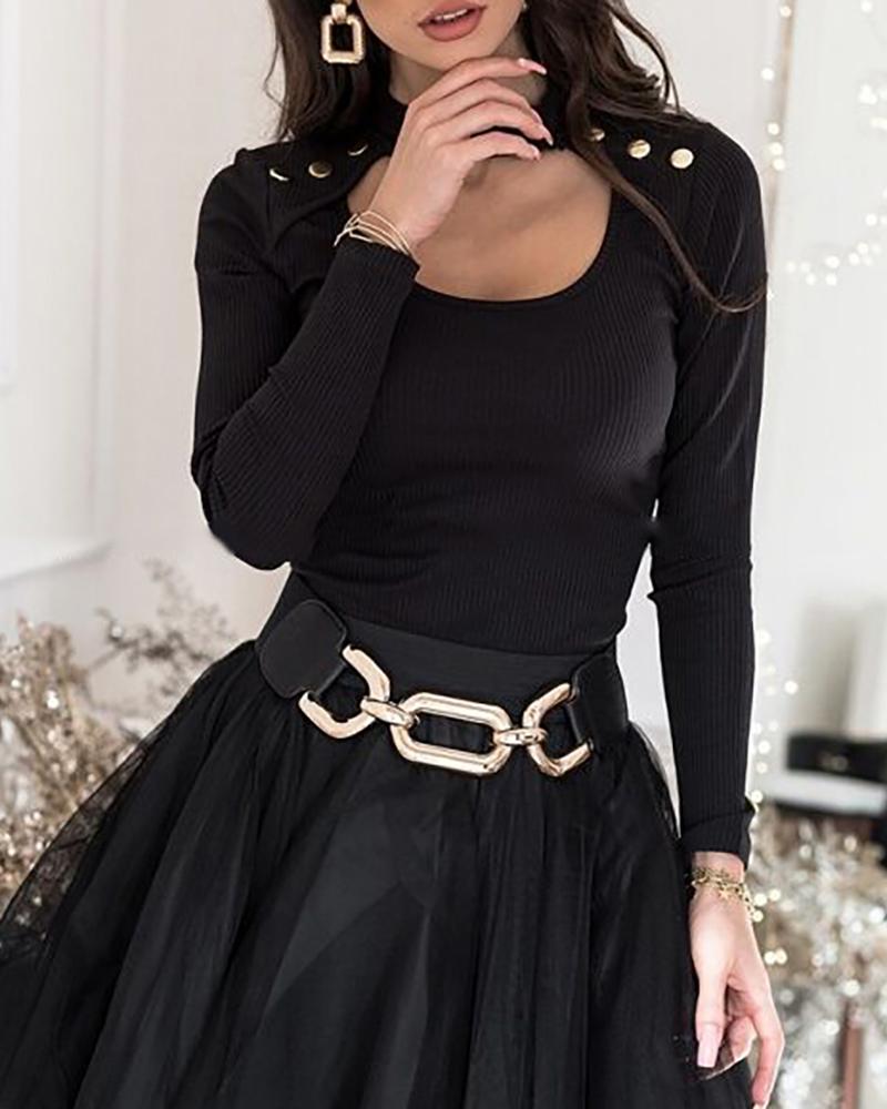 

Mock Neck Cutout Long Sleeve Blouse, Black