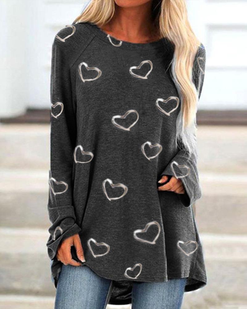 

Heart Print Long Sleeve Blouse, Dark grey