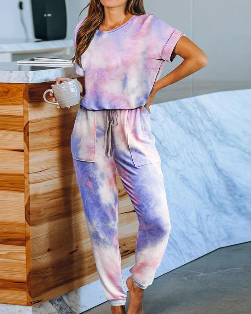 

Tie Dye Print Drawstring Jumpsuit, Multicolor