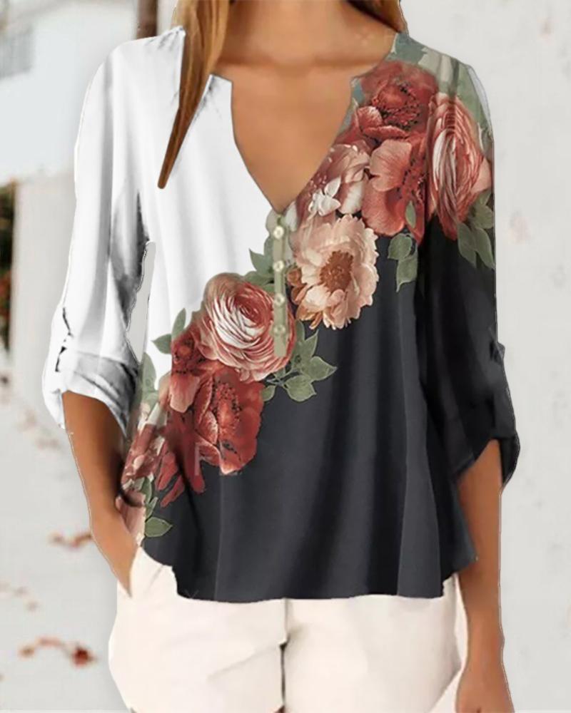 

Floral Print V Neck Long Sleeve Blouse, White