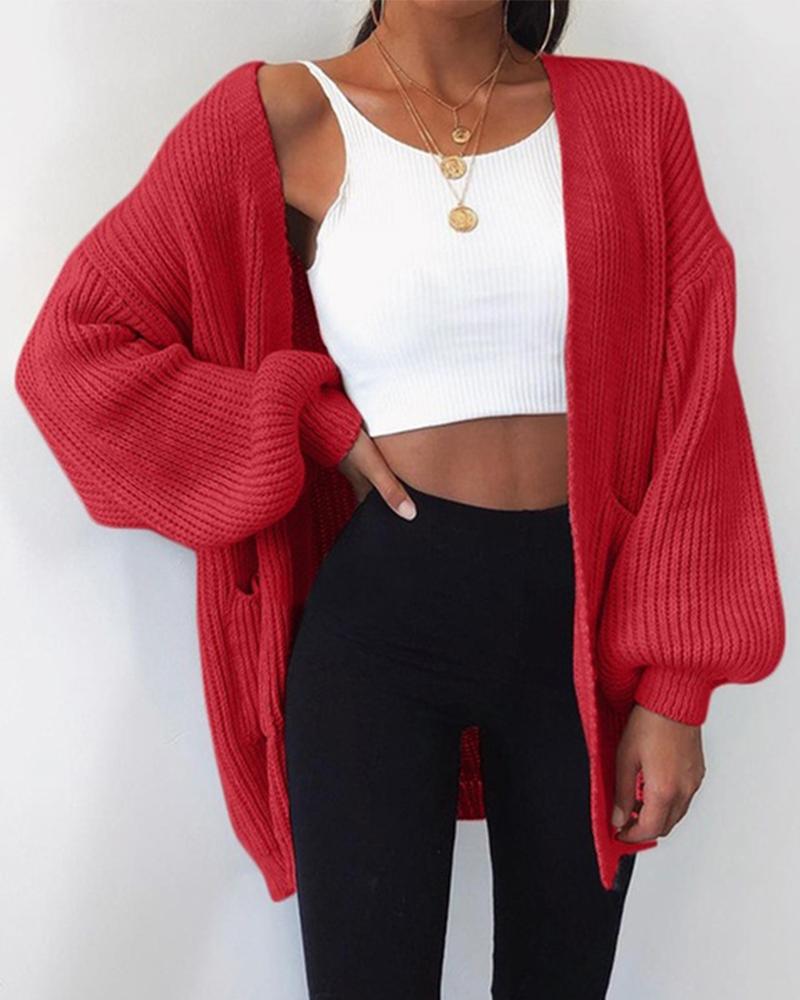 

Solid Long Sleeve Bubble Sleeve Loose Cardigans, Red