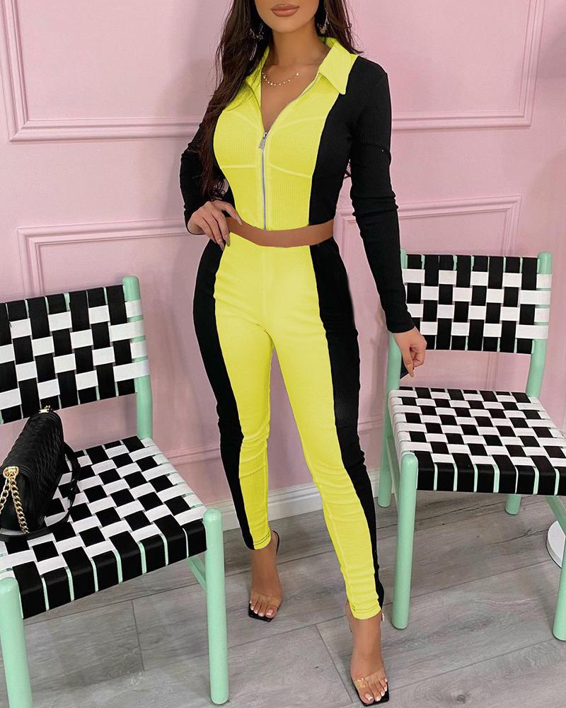 

Colorblock Zipper Design Long Sleeve Crop Top & Pants Set, Yellow
