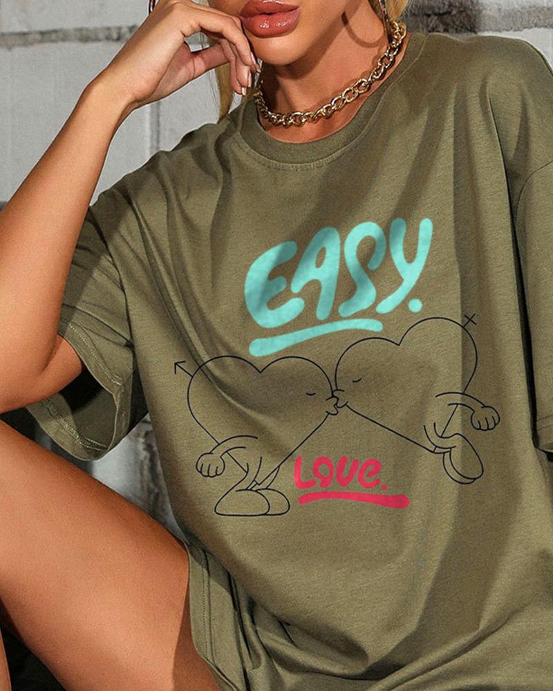 

Heart Cartoon Print Short Sleeve T-shirts, Green