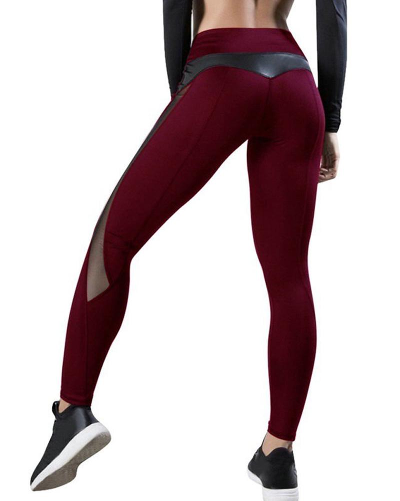 

Splicing Solid Fit Yoga Long Pants, Wine red