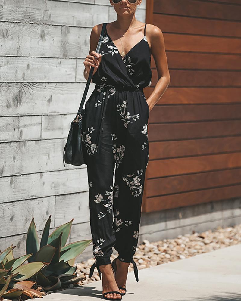 

Floral Print Slit Leg Tied Detail Jumpsuit, Black