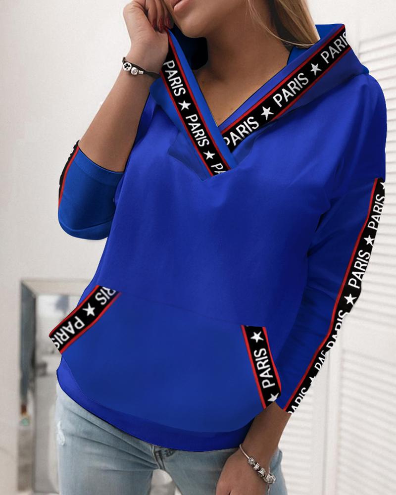 

Letter Print Colorblock Pocket Design Hooded Top, Blue