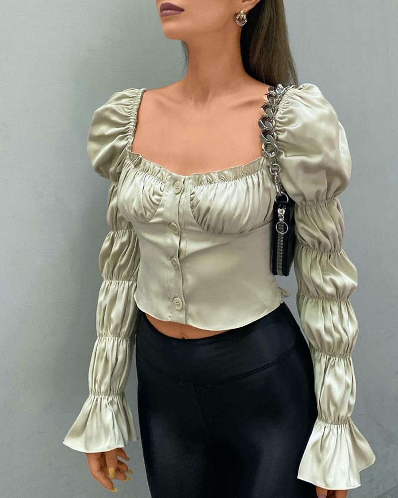

Juilet Sleeve Ruched Frill Hem Women Top, Champagne