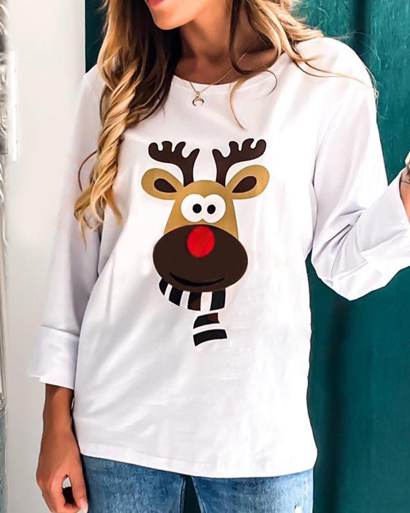 

Christmas Moose Print Casual T-shirt, White