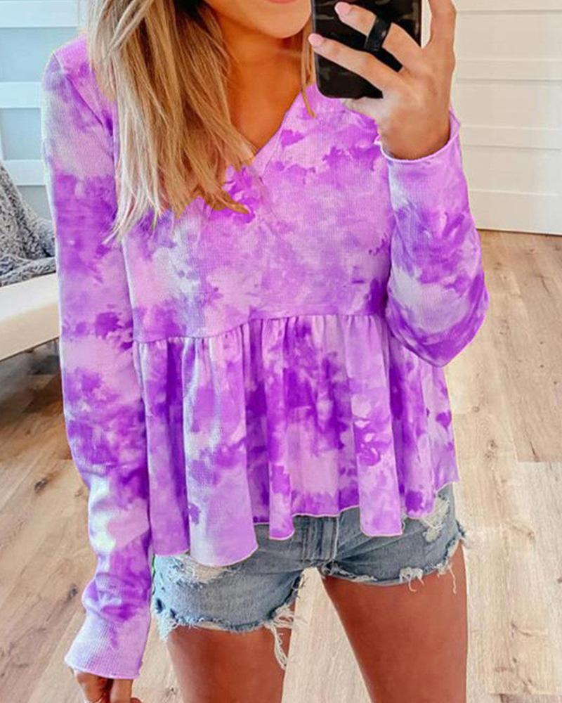 

Tie Dye V Neck Blouse Top, Purple