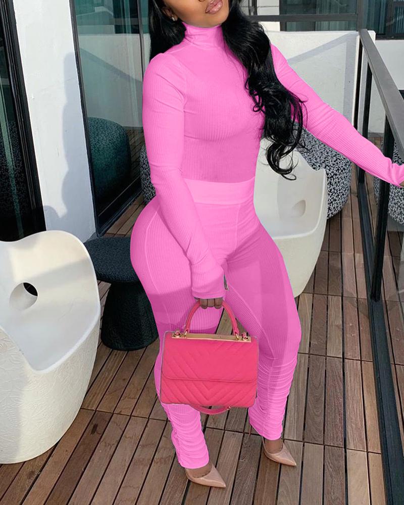 

Solid Mock Neck Women Top & Skinny Pants Set, Hot pink