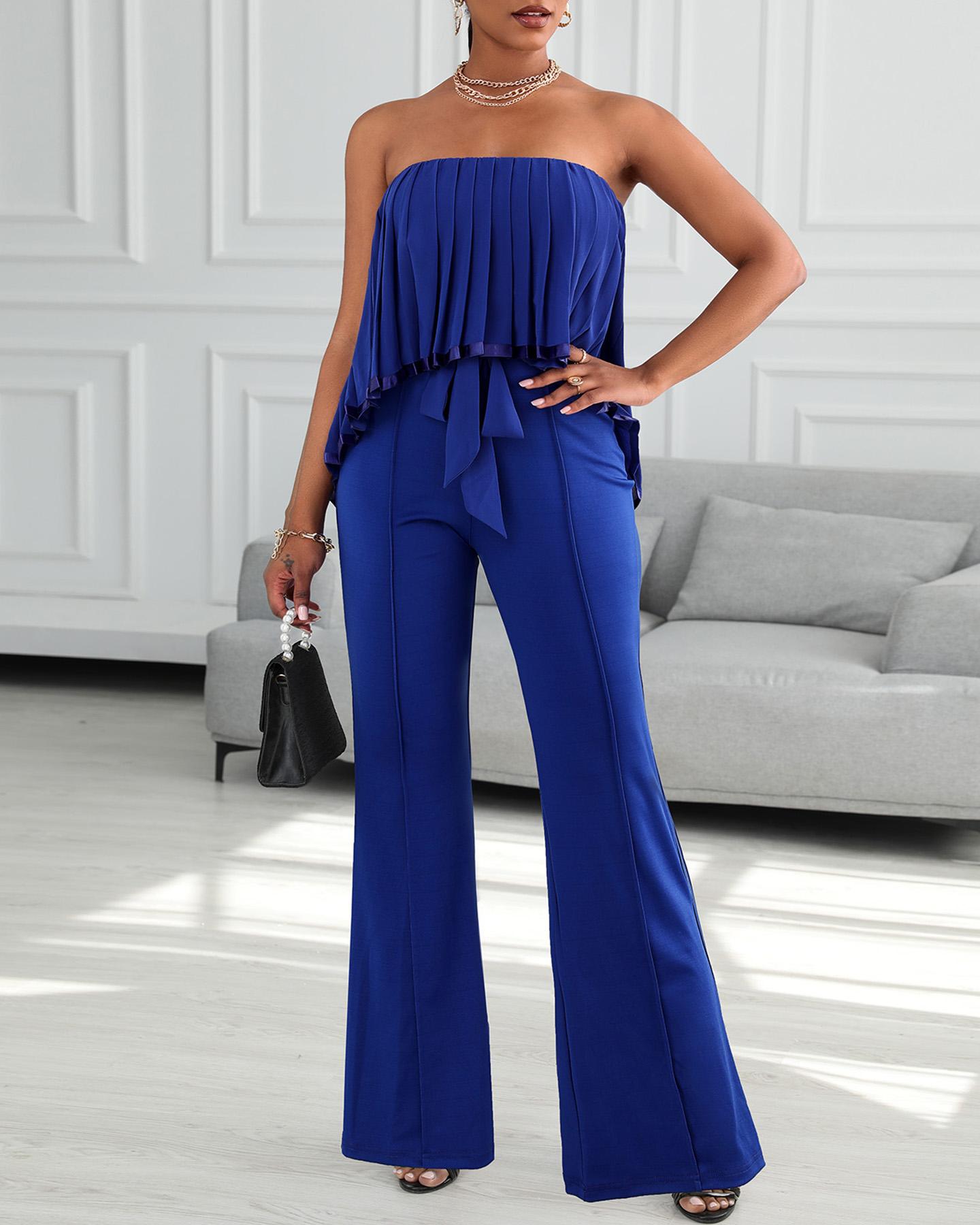

Plain Bandeau Ruched Wide Leg Jumpsuit, Blue