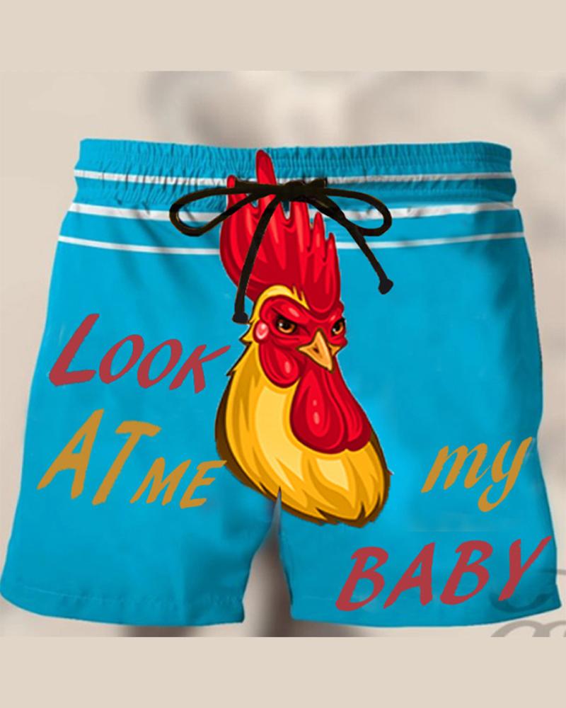 

Colorblock Rooster Print Loose Drawstring Beach Shorts, Blue