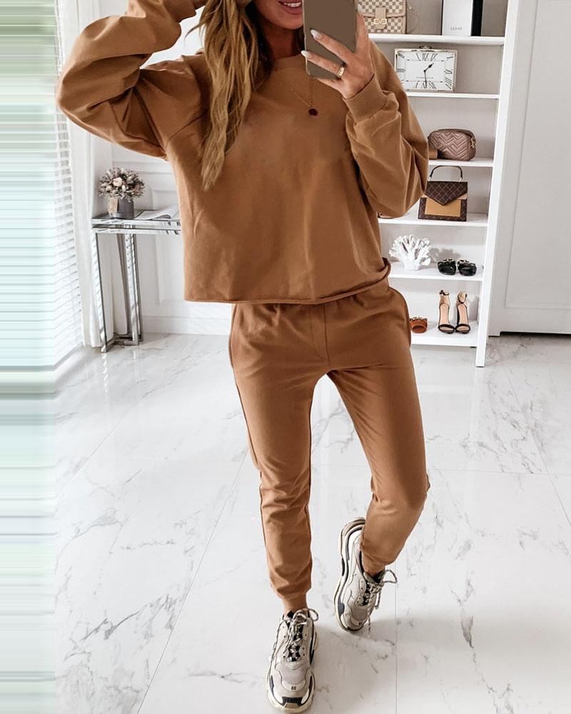 

Solid Long Sleeve Women Top & Pocket Design Pants Set, Khaki