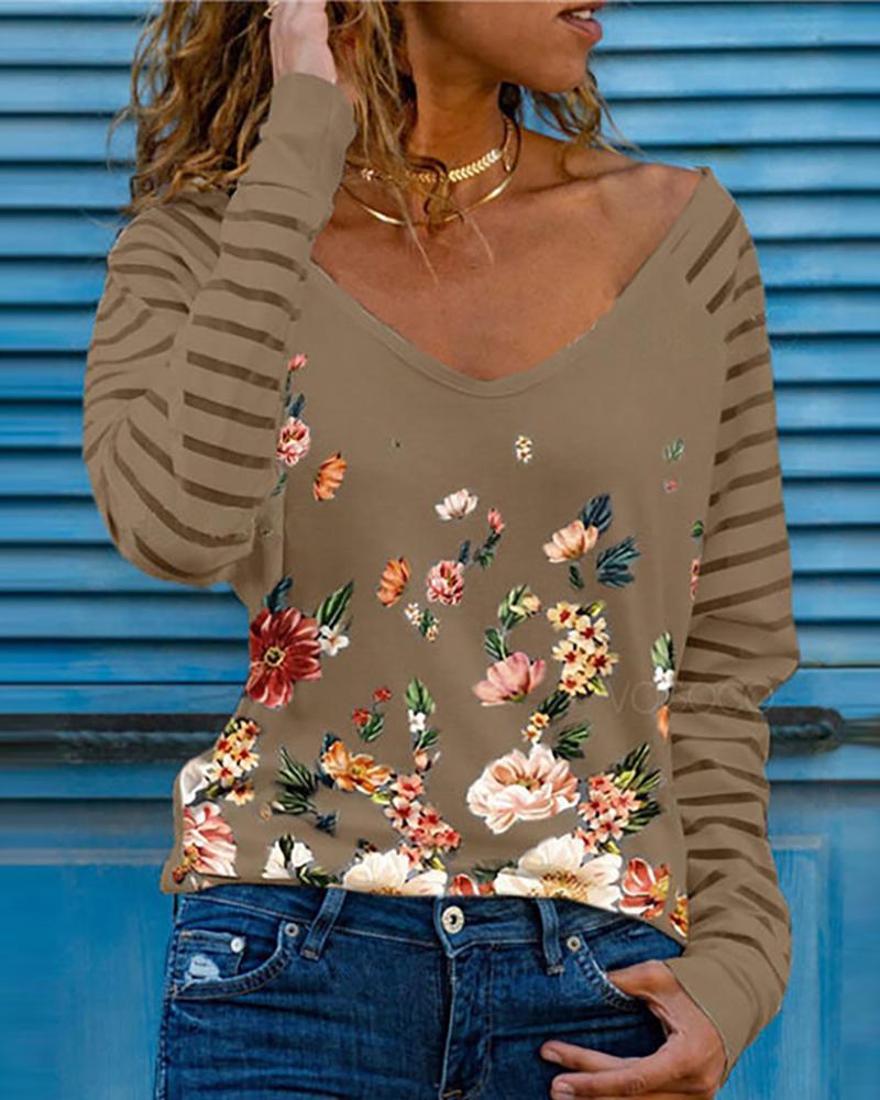 

Floral Striped Print Contrast Long Sleeve T-shirt, Khaki
