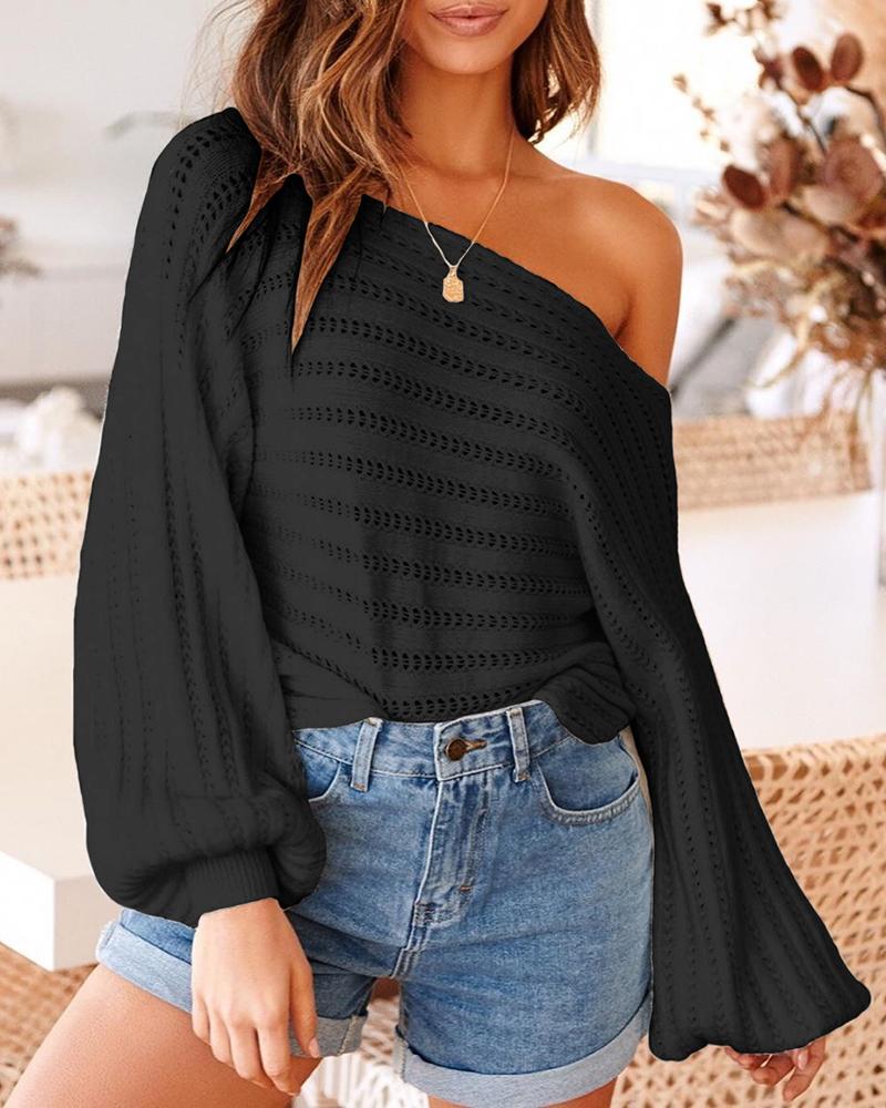 

Skew Neck Lantern Sleeve Hollow Out Sweater, Black