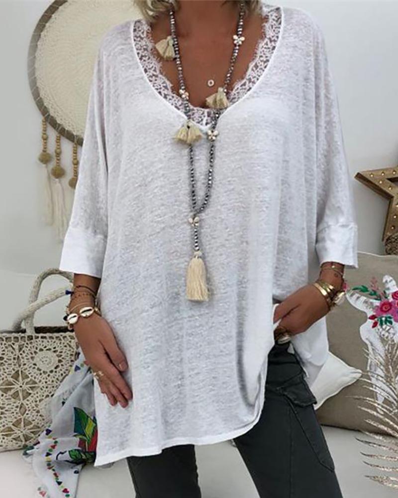 

Eyelash Lace Trim Slit Long Sleeve Top, White